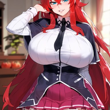 high school dxd, rias gremory, floox, thiccwithaq (ai style), 1girls, blue eyes, breasts, female, hips, huge breasts, light skin, light-skinned female, long hair, red hair, solo