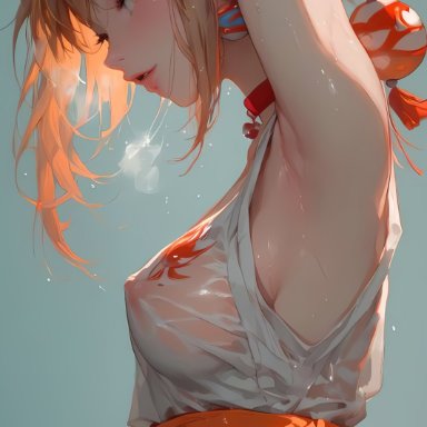 genshin impact, yoimiya (genshin impact), unforgiving, armpits, breasts, covered nipples, japanese clothes, kimono, nipples, sweat, sweatdrop, wet, wet clothes, ai generated