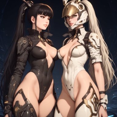 stellar blade, the first descendant, bunny (the first descendant), character request, eve (stellar blade), 2girls, black hair, black leotard, black thighhighs, bunny ears, cleavage, female, large breasts, long hair, looking at viewer