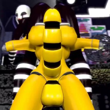 five nights at freddy's, fnaf, fuck nights at frederika's, chica (fnaf), marionette (fnaf), puppet (fnaf), evilzorak, nsfw sonia va, sfmslayer, 2futas, beak, big balls, black body, breasts, cum