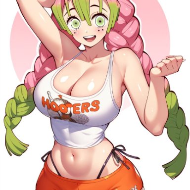 demon slayer, hooters, kimetsu no yaiba, kanroji mitsuri, mitsuri kanroji, rubycks, cleavage, female, female focus, female only, green eyes, green hair, hand behind head, hooters uniform, large breasts