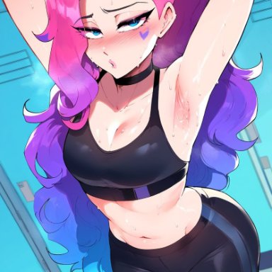 league of legends, riot games, seraphine (league of legends), armpits, arms up, blue eyes, gym clothes, leggings, locker room, looking at viewer, pink hair, sweat, sweating, sweaty, yoga pants