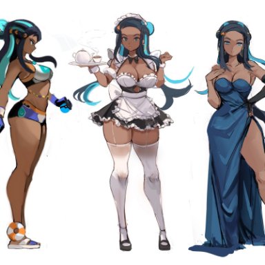 nintendo, pokemon, nessa (pokemon), rakeemspoon, alternate costume, black and blue hair, black hair, breasts, dark skin, dark-skinned female, female, female only, formal clothes, looking at viewer, maid outfit