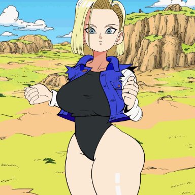 dragon ball, android 18, dacro, 1girls, blonde, blonde female, blonde hair, blonde hair female, blue eyes, blue eyes female, bouncing ass, bouncing breasts, cameltoe, cleavage, curvy