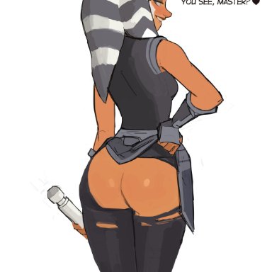 star wars, star wars rebels, ahsoka tano, togruta, amugea, 1girls, alien, alien girl, alien humanoid, biting lip, lifting skirt, lightsaber, looking at viewer, looking back, orange body