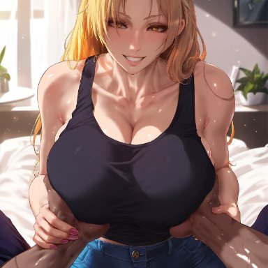 jujutsu kaisen, yuki tsukumo, klausherbert, breast grab, cleavage, grin, guided breast grab, huge breasts, jeans, looking at viewer, pov, sitting, smile, tank top, teeth