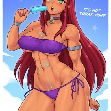 cartoon network, dc, dc comics, teen titans, koriand'r, starfire, cheekie0, 1girls, abs, ass, bikini, blush, blush lines, blushing at viewer, bracelet