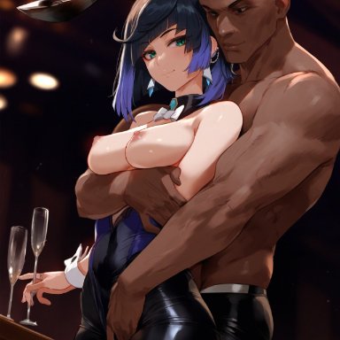 genshin impact, yelan (genshin impact), samsara ai, 1boy, 1girls, black male, daddy, dark-skinned male, hugging from behind, imminent sex, interracial, light-skinned female, manly, tits out, tough guy