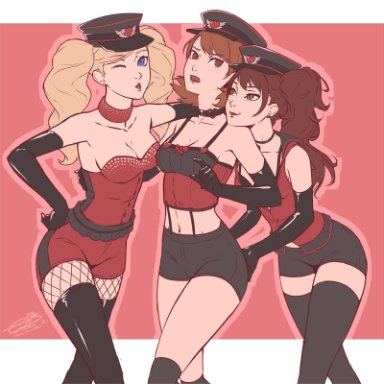 atlus, megami tensei, persona, persona 3, persona 4, persona 5, persona 5: dancing star night, sega, ann takamaki, kujikawa rise, yukari takeba, omniformblue, 3girls, alternate costume, ass grab