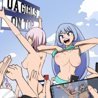 my hero academia, fuwa mawata, hadou nejire, mawata fuwa, nejire hado, tropic turtle, 2girls, areolae, bikini, bikini bottom, bikini bottom only, bikini top lift, bikini top pull, bikini top removed, blue hair