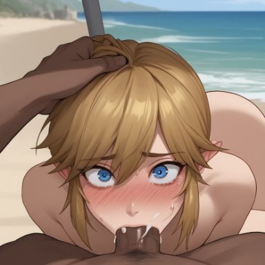 the legend of zelda, link, kokizi, 2boys, ass, beach, blonde hair, blowjob, blue eyes, bubble butt, dark-skinned male, deepthroat, elf ears, fellatio, femboy