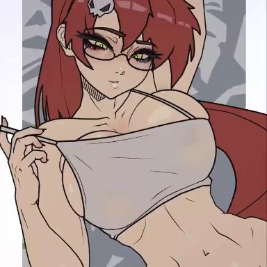 tengen toppa gurren lagann, tengen toppa gurren-lagann, yoko littner, pointyaux, stopu, succuainivoice, 1girls, 2d animation, arm up, big breasts, busty, curious, dark makeup, female, female only