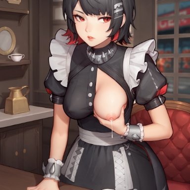 victoria housekeeping, zenless zone zero, ellen joe, jenneth blackray, apron, bangs, black dress, black hair, blush, breast grab, breast milking, breast slip, breast squeeze, breasts, breasts out of clothes