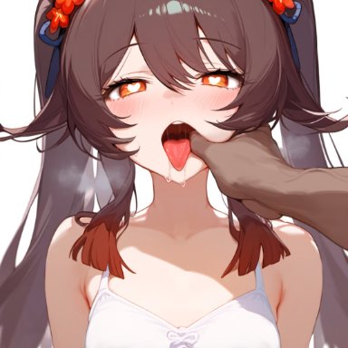 genshin impact, hu tao (genshin impact), ztenebrae, blush, brown hair, covered nipples, dark-skinned male, finger in another's mouth, heart-shaped pupils, looking at viewer, open mouth, red eyes, saliva, simple background, steam