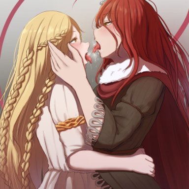 elden ring, fromsoftware, shadow of the erdtree, malenia blade of miquella, miquella, kushirojin, blonde hair, braid, braided hair, brother and sister, demigod, demigoddess, extreme french kiss, female, femboy