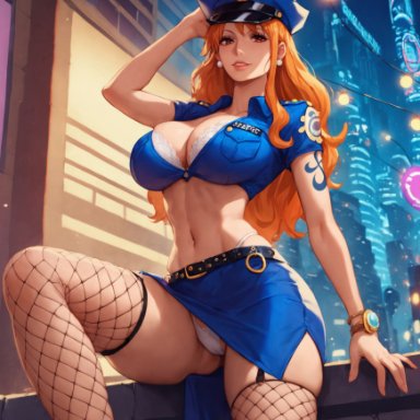 one piece, nami, nami (one piece), alex-schura, 1girls, bangs, belt, blue headwear, blue shirt, blue skirt, bra, bra peek, breasts, brown eyes, cleavage