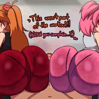 doki doki literature club, neon genesis evangelion, asuka langley sohryu, greatestgori, musi cassie, 2girls, assjob, big ass, blue eyes, bouncing ass, bubble butt, buttjob, covered buttjob, double assjob, dumptruck ass