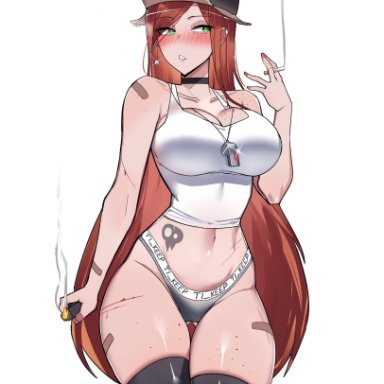 disney, gravity falls, wendy corduroy, ti keep, alternate breast size, ass, ass visible through thighs, bandages, big breasts, breasts, choker, cigarette, female, green eyes, grey panties