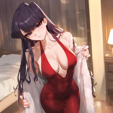 komi-san wa komyushou desu, komi shouko, waifulover, 1girls, bangs, bare shoulders, bed, black eyes, black hair, blush, breasts, clavicle, cleavage, clothing, completely nude