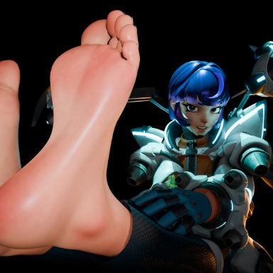 overwatch, juno (overwatch), xsfmworks, bangs, barefoot, black background, brown eyes, clothing, collar, feet, female, female only, foot fetish, foot focus, foreshortening