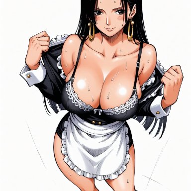 one piece, boa hancock, yashin, alluring, almost naked, almost nude, big breasts, black eyes, black hair, blush, color, colored, earring, earrings, female