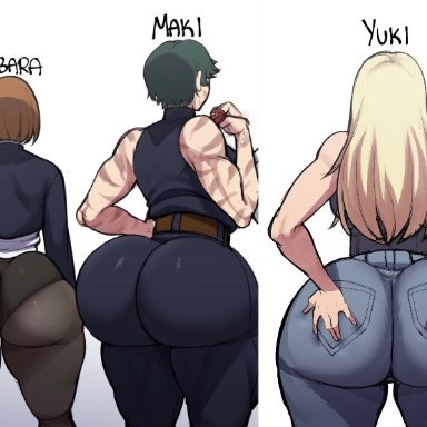 jujutsu kaisen, kugisaki nobara, yuki tsukumo, zenin maki, blackwhiplash, 3girls, behind view, big ass, huge ass