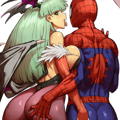 darkstalkers, marvel, marvel comics, marvel vs. capcom, spider-man (series), character request, morrigan aensland, spider-man, haraya, 1boy, 1girls, 1other, ass, ass grab, big ass