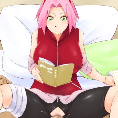 naruto, naruto (series), naruto shippuden, sakura haruno, sunahara wataru, 1boy, 1girls, blush, book, breasts, closed mouth, covered erect nipples, cutout, embarrassed, faceless male