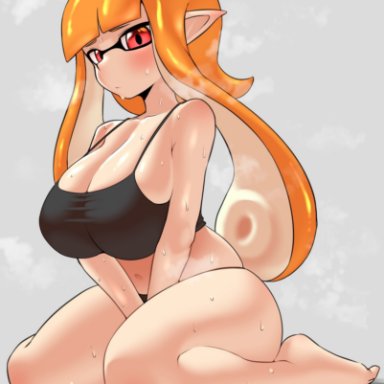 nintendo, splatoon, splatoon (series), inkling, inkling girl, kaori (splatoon), nobunagapero, 1girls, alternate breast size, breasts, female, kneeling, large breasts, light skin, light-skinned female