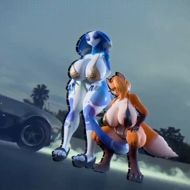 nisha (bluedingo), vela (kagekitsoon), vympel, anthro, anus, areola, ass, barely visible areola, big breasts, big butt, biped, blue body, blue eyes, blue scales, breasts