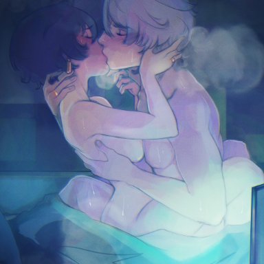 zenless zone zero, belle (zenless zone zero), wise (zenless zone zero), taeafterdark, 1girls, bedroom sex, blushing, blushing female, blushing male, brother and sister, earrings, female, holding neck, incest, kissing