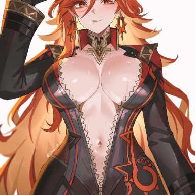 genshin impact, mavuika (genshin impact), nvl, 1girls, big breasts, biker clothes, breasts, female, huge breasts, large breasts, leather, leather clothing, leather jacket, red eyes, red hair