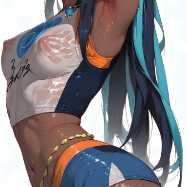 pokemon, nessa (pokemon), unforgiving, belly, breasts, covered nipples, long hair, sportswear, sweat, sweatdrop, water drop, wet, wet body, wet clothes, wet skin