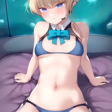 blue archive, toki (blue archive), kimoshi, 1boy, 1girls, aqua bow, aqua bowtie, arm support, ass visible through thighs, bikini, bikini aside, blonde hair, blue eyes, blue nails, blue ribbon