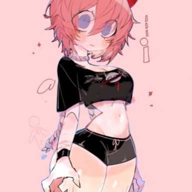 doki doki literature club, original, usa37107692, ahoge, alternate costume, ass, bangs, bare shoulders, belt, black bow, black shirt, black shorts, blue eyes, blush, bow