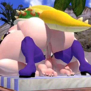 mario (series), bowsette, wapeach, silvertilver, 1futa, 1girls, balls, beach, beach sex, big breasts, big penis, blonde hair, bouncing breasts, breasts, femdom