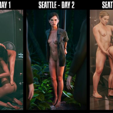 naughty dog, the last of us, the last of us 2, abigail anderson, dina (the last of us), ellie (the last of us), ellie williams, reynydays, 3girls, abs, barefoot, bdsm, bondage, breasts, brown hair