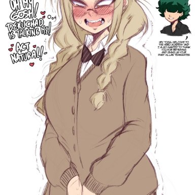 my hero academia, himiko toga, izuku midoriya, saltyxodium, 1boy, 1girls, blonde hair, blush, braided hair, embarrassed, female, funny, glasses, green hair, heavy blush