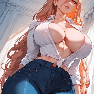 chainsaw man, power (chainsaw man), soujii, big breasts, big hips, big thighs, cleavage, curvy, jeans, looking at viewer, thick hips, thick thighs, wide hips, ai generated, thiccwithaq (ai style)