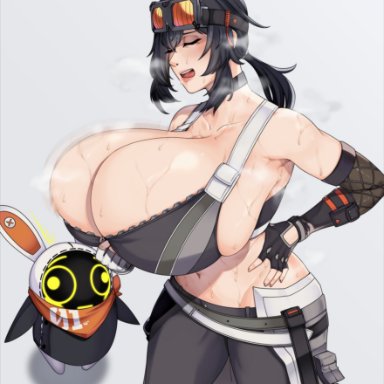 zenless zone zero, bangboo (zenless zone zero), eous (zenless zone zero), grace howard, strongmoist, 1girls, armpits, black hair, breasts, cleavage, female, fingerless gloves, gigantic breasts, gloves, goggles