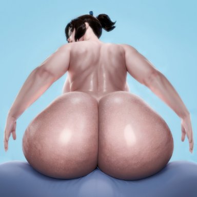 overwatch, mei (overwatch), zzzxxxccc, 1girls, ass, ass bigger than head, ass focus, back muscles, back view, big ass, big breasts, big butt, big muscles, black glasses, blue background