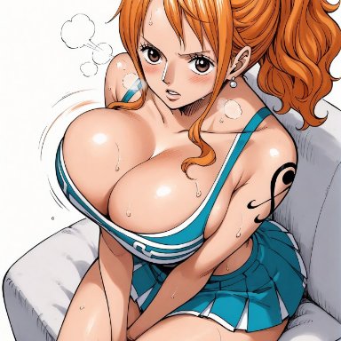 one piece, nami, nami (one piece), yashin, alluring, big breasts, breast press, breasts, brown eyes, cheerleader, cheerleader costume, cheerleader outfit, cheerleader uniform, female, female only