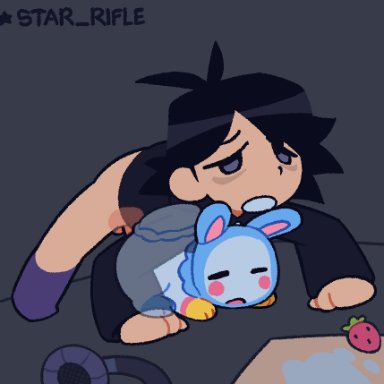 birthday, star rifle, birthday cake, bunny ears, cake, food, from above, headphones, hoodie, humanoid, lagomorph, living plushie, living sex toy, male, male penetrating