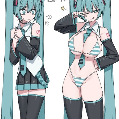 hatsune miku, caststation, alternate breast size, alternate costume, bikini, breasts, confusion, japanese text