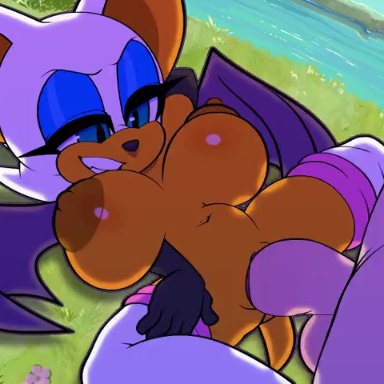 sonic (series), mobian (species), rouge the bat, 1boy, 1girls, anthro, bat, blue eyes, breasts, chiropteran, cum, cum in pussy, female, female on human, human