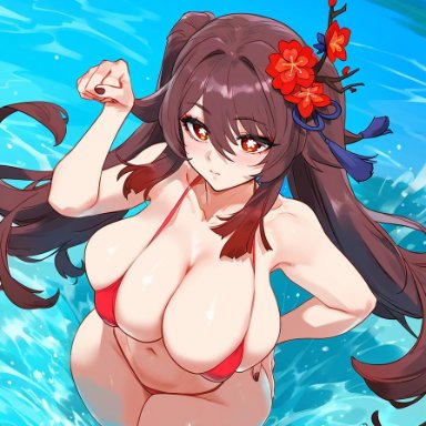 genshin impact, hu tao (genshin impact), 1girls, arms up, ass, brown hair, curvaceous, curvy body, curvy female, curvy figure, curvy thighs, huge breasts, long hair, plump, plump breasts