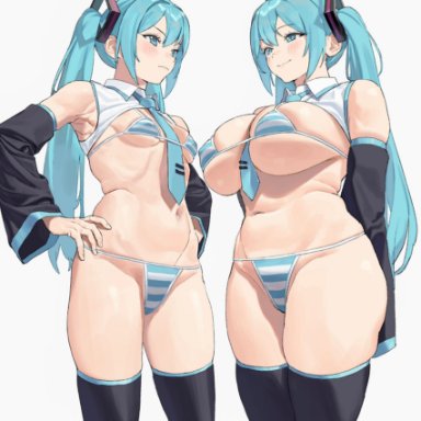 vocaloid, hatsune miku, hatsune miku (collared bikini), riki (riki unc), 2girls, alternate breast size, bare shoulders, between breasts, bikini, black thighhighs, blue bikini, blue eyes, blue hair, blue necktie, blush stickers