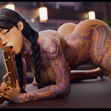 epic games, fortnite, fortnite: battle royale, jules (fortnite), vexingvenery, 1girls, all fours, arched back, areolae, ass up, athletic, athletic female, big ass, big breasts, black hair