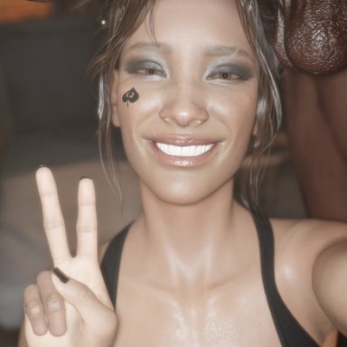 blacked, cyberpunk 2077, panam palmer, derpderp, big penis, blacked clothing, cock worship, dark skin, dark-skinned male, face tattoo, huge cock, interracial, melanin, peace sign, penis awe