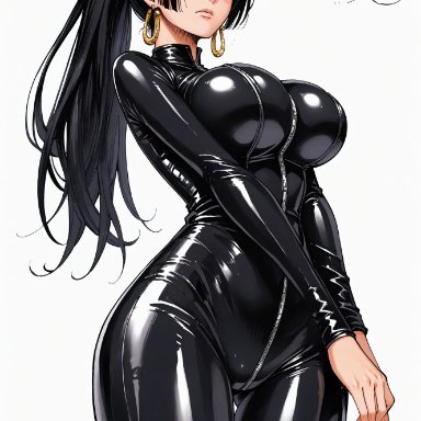 one piece, boa hancock, yashin, alluring, big breasts, black eyes, black hair, blush, breasts, cameltoe, color, colored, earring, earrings, female